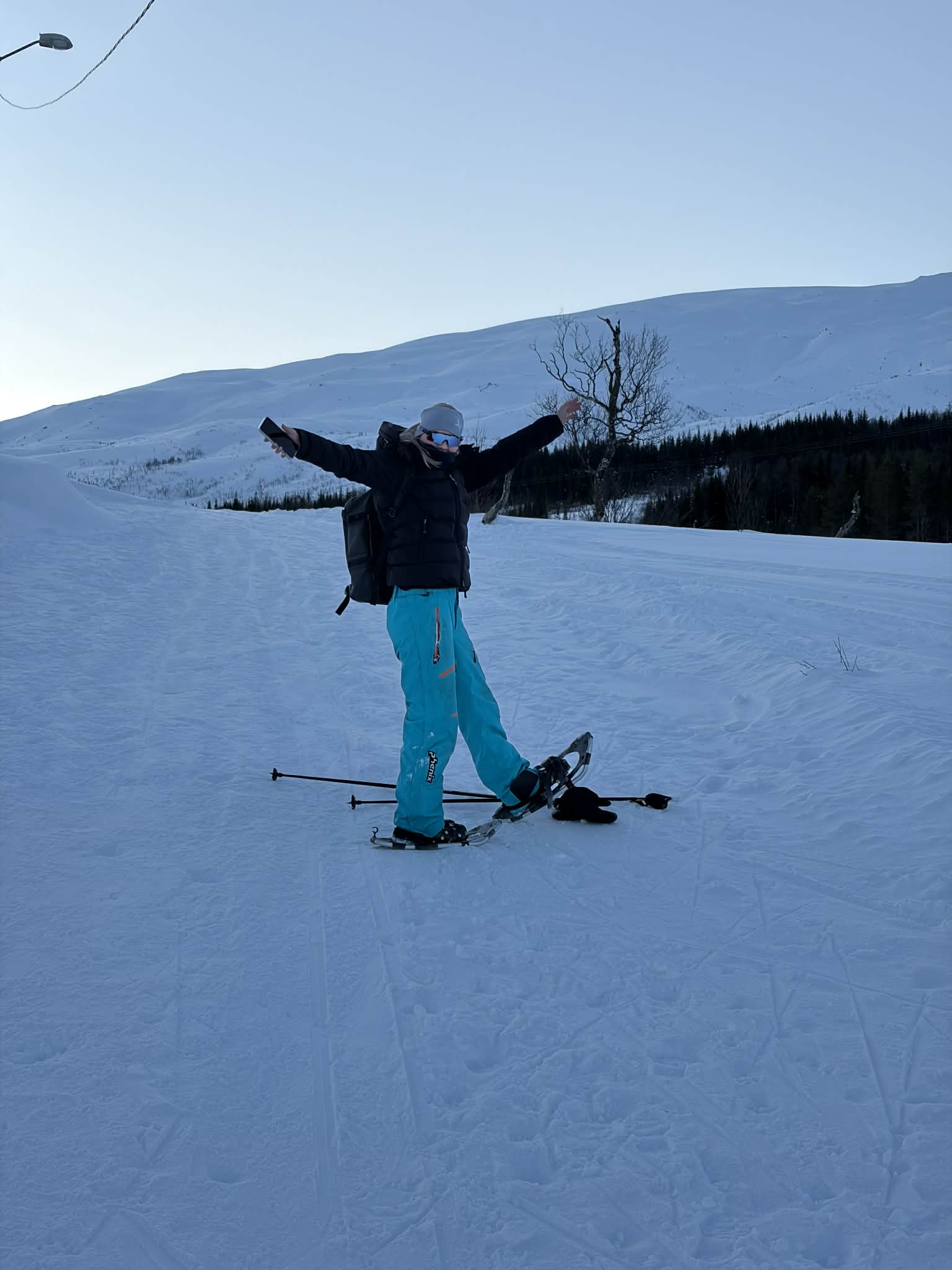 Guide leading snowshoe group with fjord and mountains behind